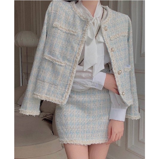 Set dạ Tweed 3 món chân váy A- áo trắng thắt nơ- áo khoác dạ- Ảnh thật- H Clothes shop