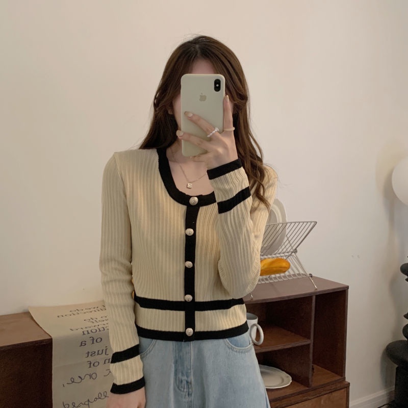 Áo Sweater Tay Dài Cổ Tròn Phối Màu Tương Phản Trẻ Trung Phong Cách Hàn Quốc