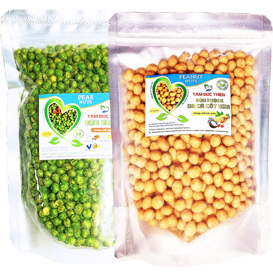 Combo 1KG: Đậu Phộng Da Cá Nước Cốt Dừa và Đậu Hà Lan Rang Muối Tâm Đức Thiện 2 x Túi 500GR Đồ ăn vặt