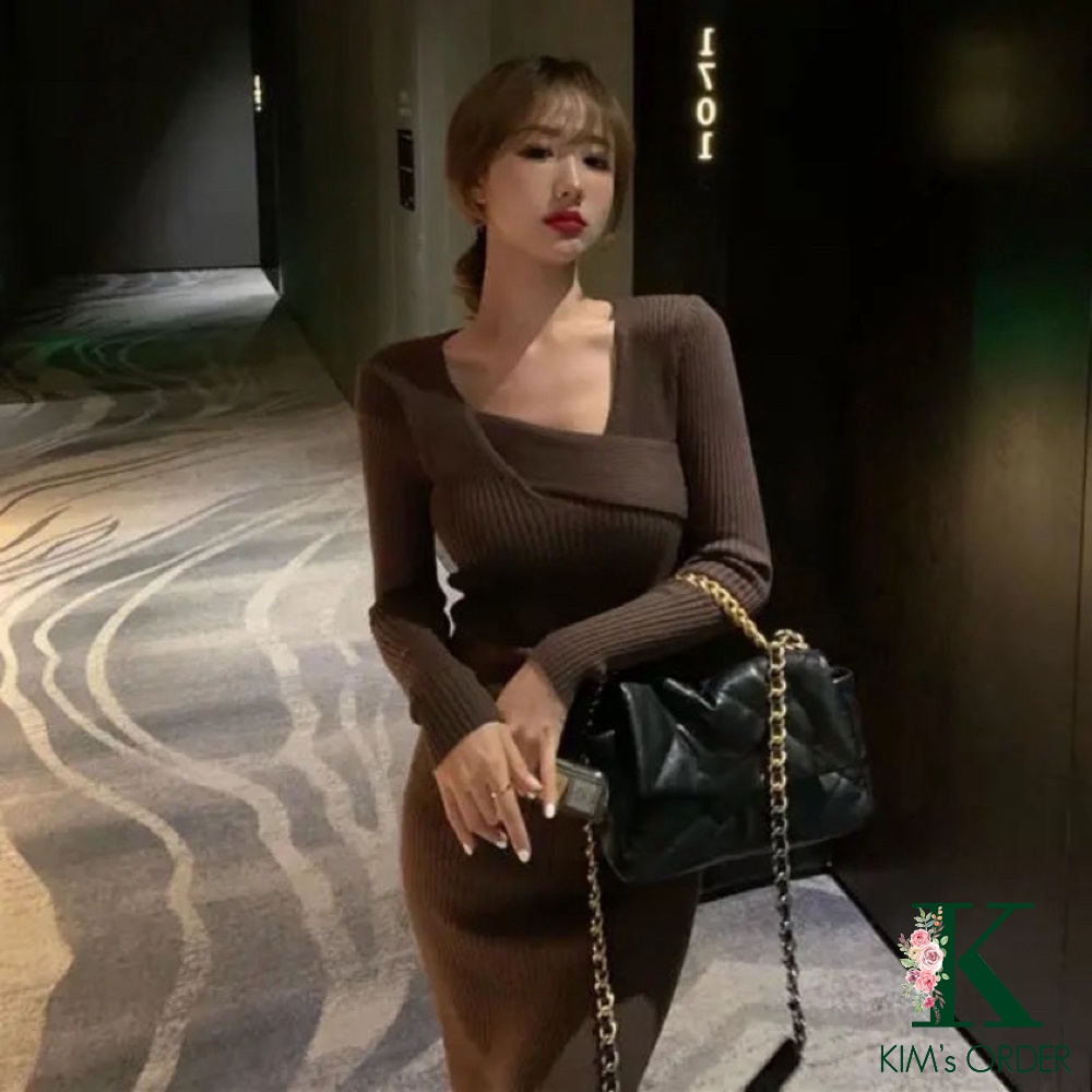Đầm len nữ dự tiệc Body màu be nâu đen cổ vạt chữ V dài tay váy len ôm sát dáng dài loại 1 style Hàn Quốc sang chảnh | WebRaoVat - webraovat.net.vn