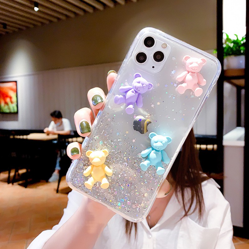 Samsung Galaxy A6 A8 J4 J6 Plus A7 A9 J8 2018 A750 J2 Prime J5 Prime J7 Prime Clear Cartoon 3D Bear Bling Soft Phone Case Back Full Cover