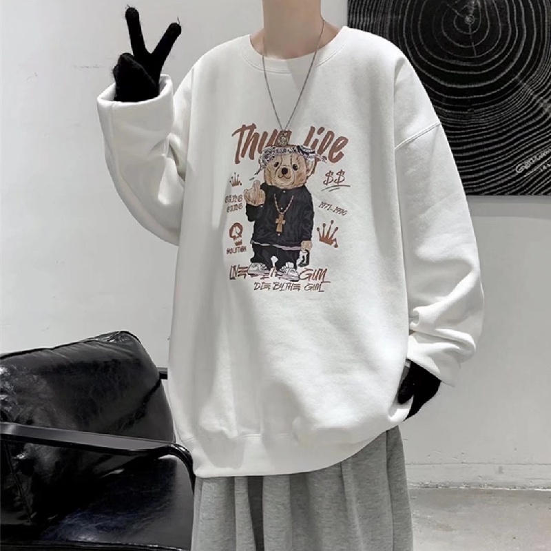 Áo sweater tay dài cổ tròn dáng rộng in họa tiết gấu hoạt hình phong cách Nhật Bản thời trang thu đông cho nam và nữ size M-5XL