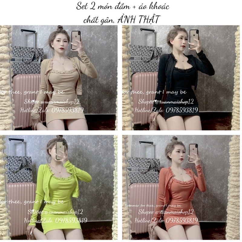 [FREESHIP - HÌNH THẬT] Set đầm body ngắn nữ hai dây phối ren + áo khoác tay dài nhiều màu