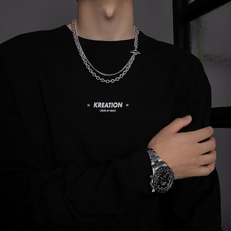Vòng cổ Hai Lớp Bằng Thép Titan Phong Cách hip hop Đơn Giản Thời Trang Cho Nam