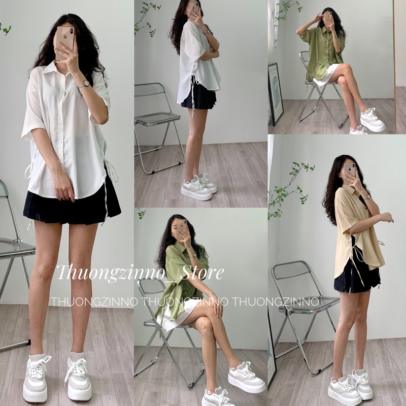 [Ảnh thật/Video]Áo sơ mi hai vạt buộc hông xinh xắn Áo sơ mi dây nơ hàng Quảng Châu