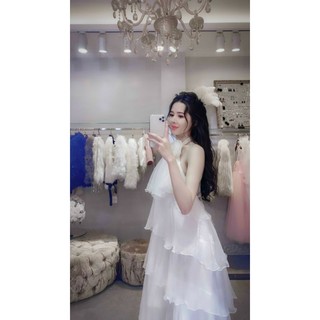 Đầm maxi voan lụa 5 tầng gắn hoa