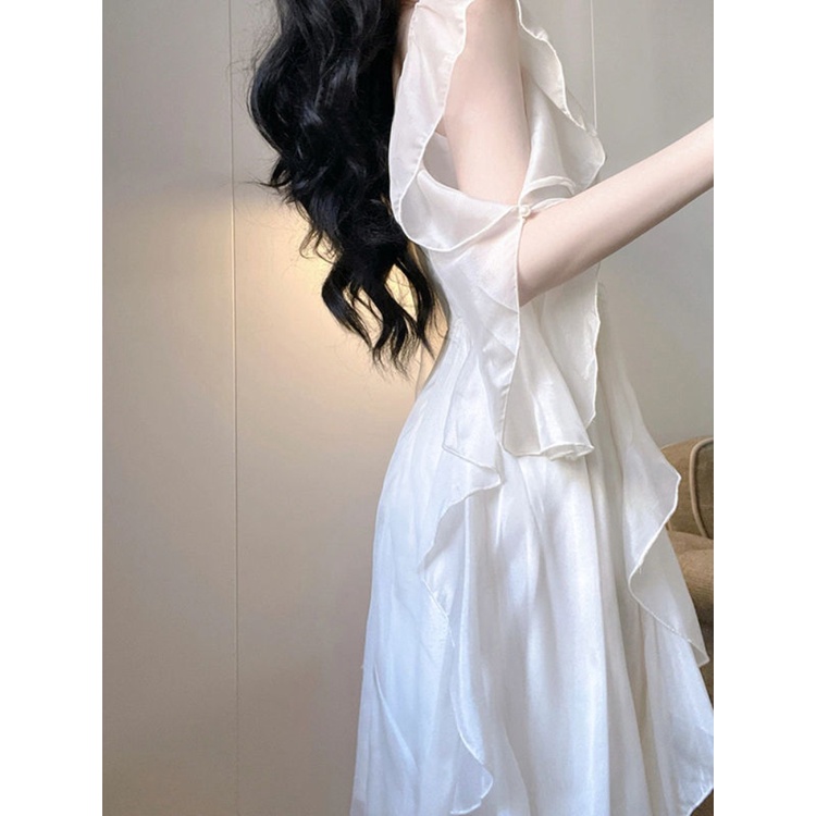 Đầm Chiffon Phối Bèo Màu Trắng Thời Trang Mùa Hè Cho Nữ