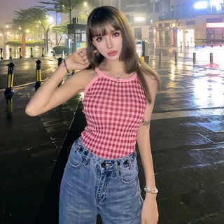 Áo 2 dây kẻ trắng đỏ chất liệu len