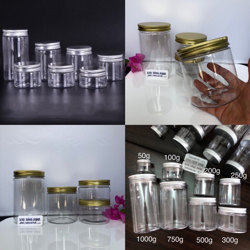 SÉT 5 HỦ ĐỰNG CHIẾT KEM TRONG SUỐT NẮP NHÔM Vàng / Bạc- Hủ Pet  CÓ NẮP LÓT đựng thực phẩm 100g/ 200g/ 300gr/ 500g 750g