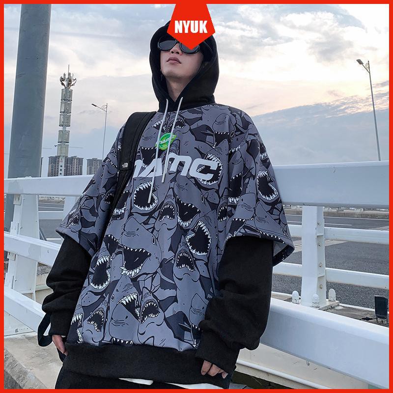 Áo Hoodie Tay Dài Giả Hai Lớp In Họa Tiết Cá Mập Phong Cách Hip Hop Thời Trang Năng Động
