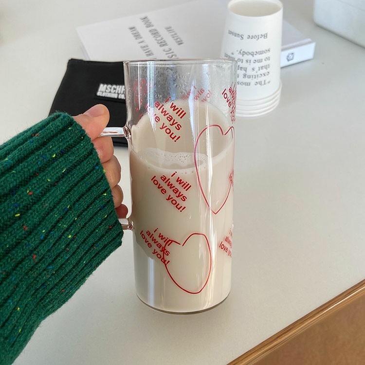 Cốc, Ly Thủy Tinh Size Lớn 400ml Có Tay Cầm Love Heart Text