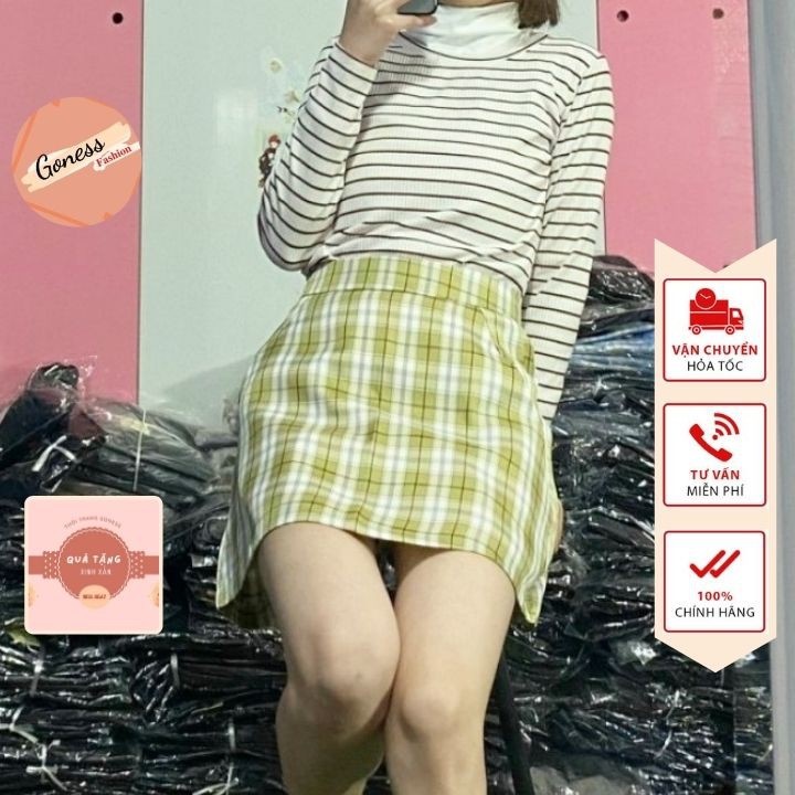 Chân váy caro Goness màu xanh mạ dáng chữ a phong cách Hàn Quốc Goness A441