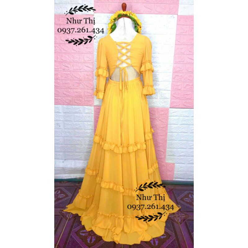 (miễn phí chỉnh váy) maxi boho hở lưng váy xòe viền bèo du lịch chụp hình thời trang sống ảo đà lạt hoa thiết kế | BigBuy360 - bigbuy360.vn