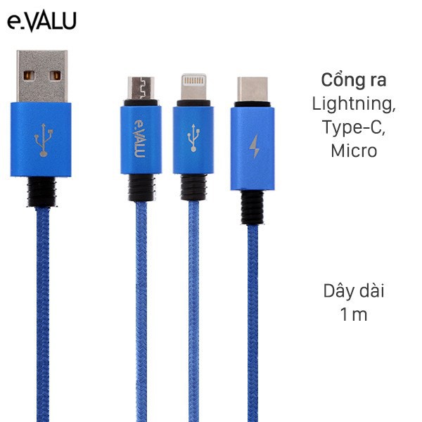 Dây Sạc Cáp Sạc Nhanh 2.1A 3 IN 1 Dài 1.2M  3 Đầu Micro Lightninng Type-C cho Samsung Xiaomi Oppo Huawei Redmi