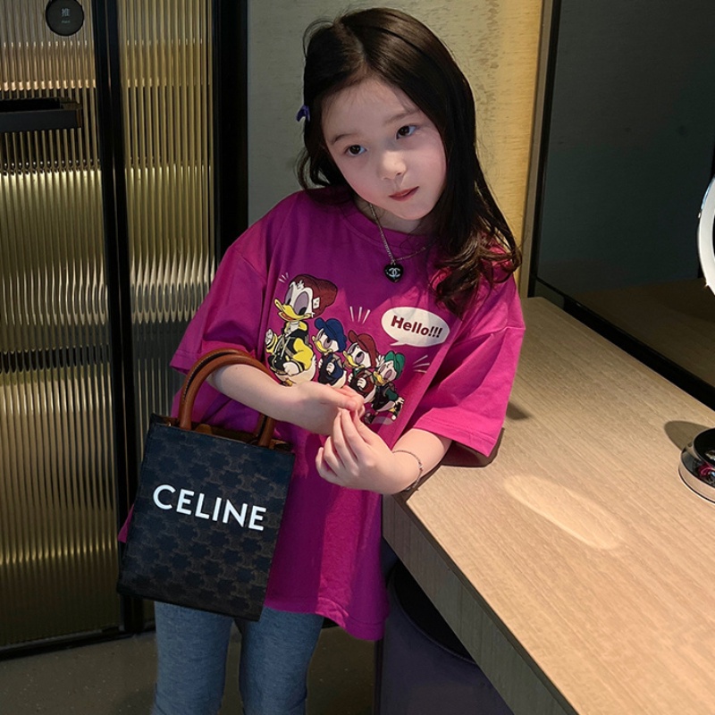 Áo Thun Cotton Tay Ngắn Dáng Rộng In Họa Tiết Vịt Hoạt Hình Thời Trang Cho Bé Gái