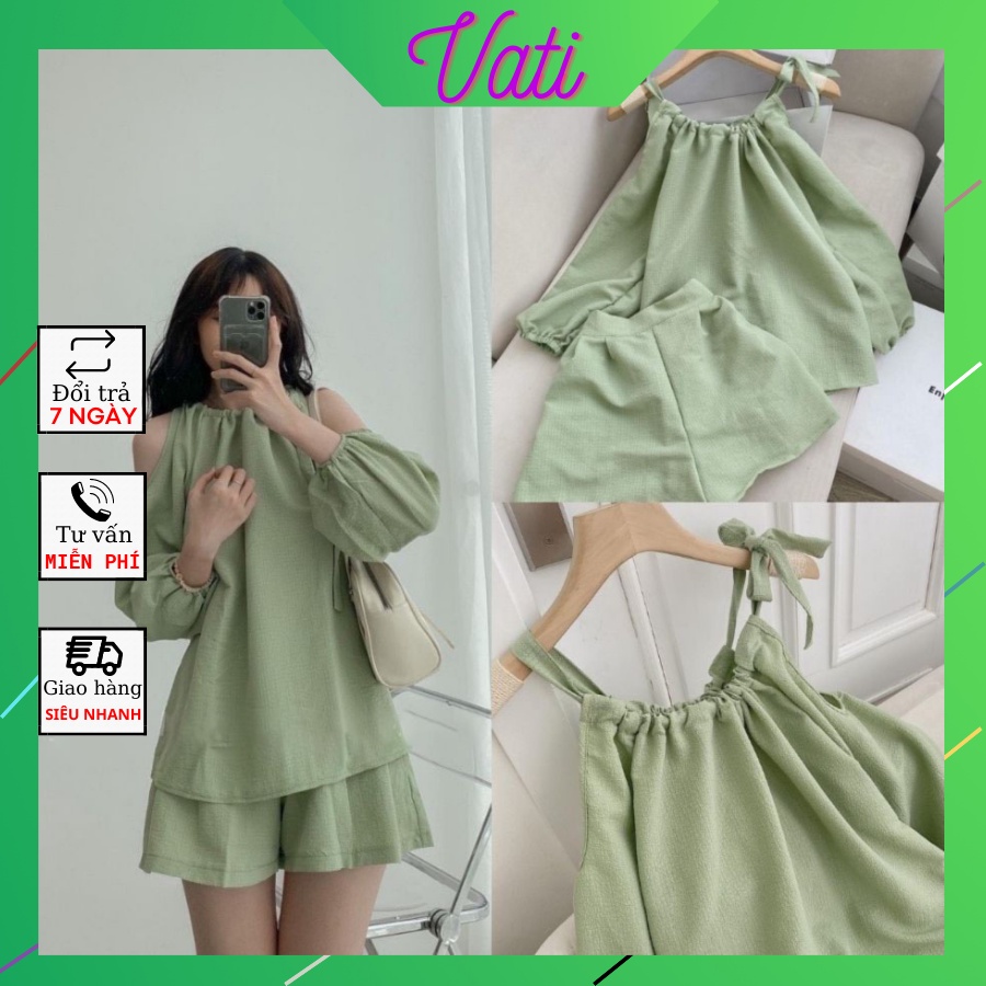 Set Áo Khoét Vai Buộc Nơ Phối Quần Sooc Form Rộng Xanh Bơ Siêu Xinh