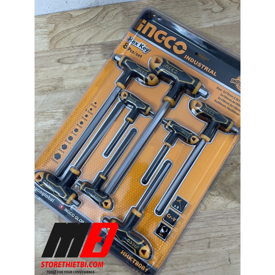 Bộ 8 chìa lục giác tay cầm chữ T đầu bằng2-10mm INGCO HHKT8081