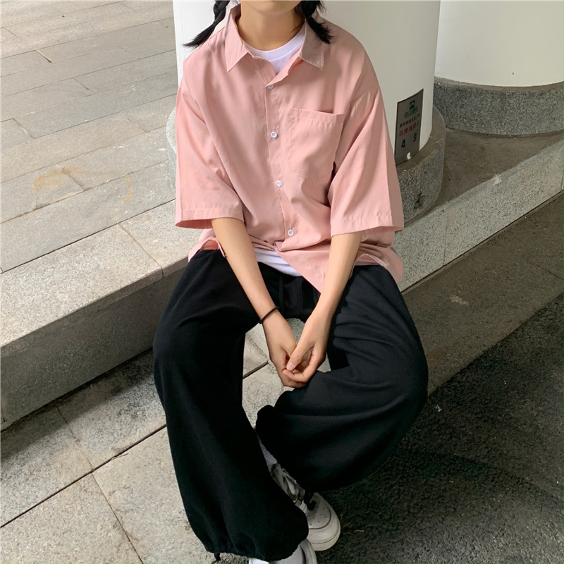 Áo Sơ Mi Tay Lửng Dáng Rộng Màu Sắc Đơn Giản Dễ Phối Đồ 19608