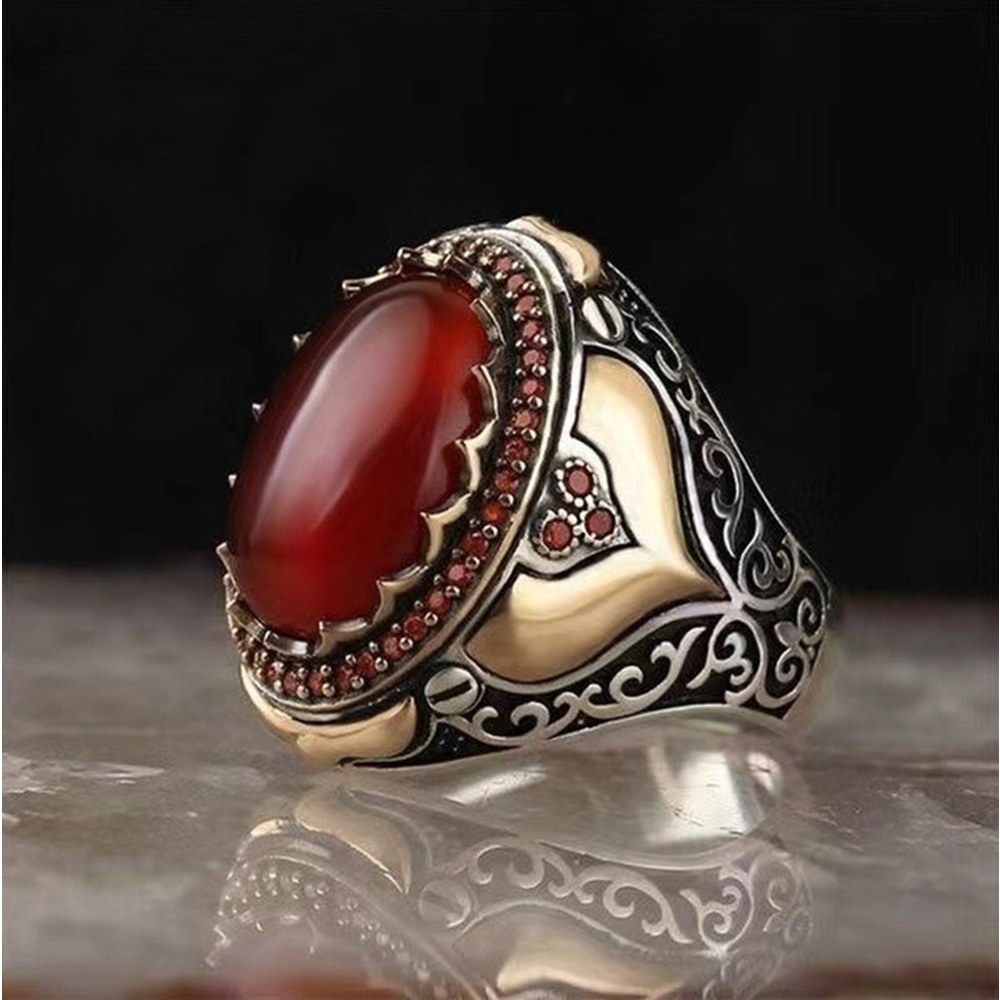 Nhẫn cưới bằng thép titan đính đá ruby trẻ trung sành điệu cho nam