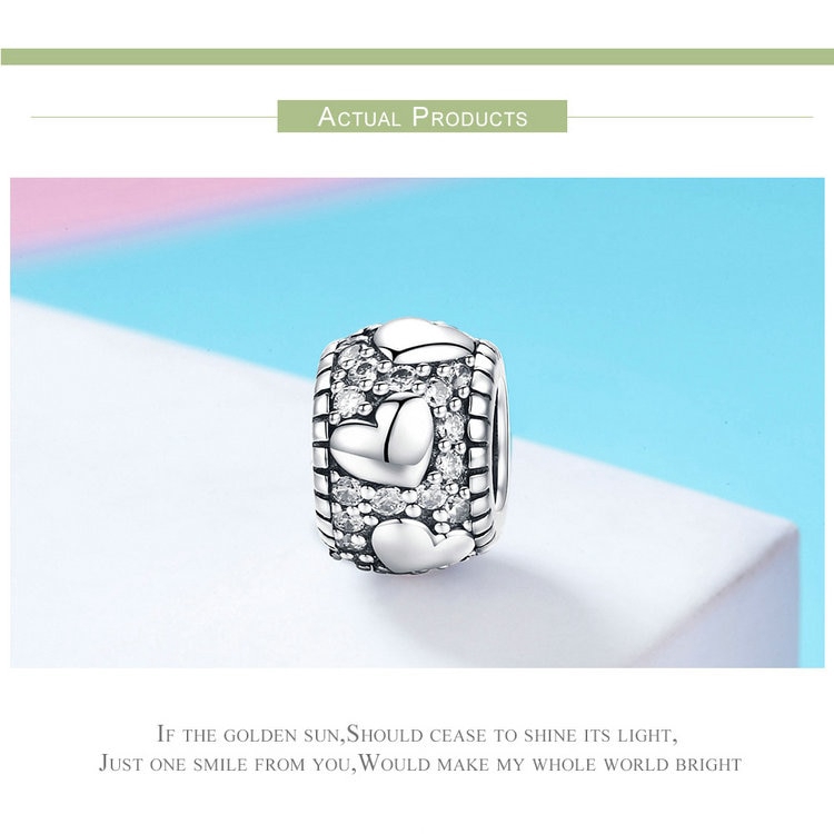 Hạt Bamoer SCC798 hình trái tim bằng bạc 925 đính đá CZ làm trang sức DIY cho nữ