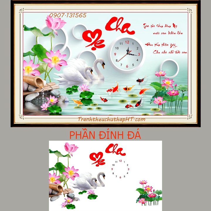 Tranh đá Cha mẹ 2 con công mẫu đơn - 100*50cm (tự làm)