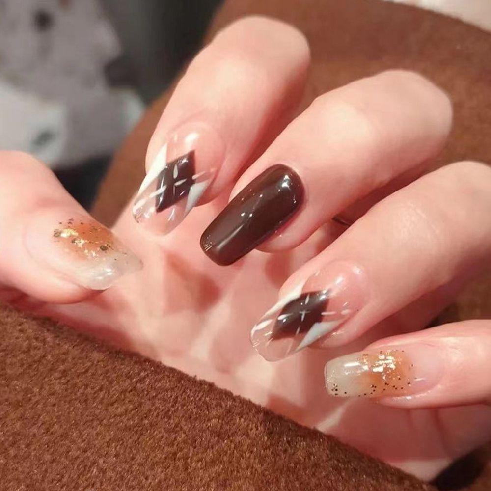 Bộ 24 Móng Tay Giả Đầu Tròn / Vuông Đính Kim Sa Lấp Lánh