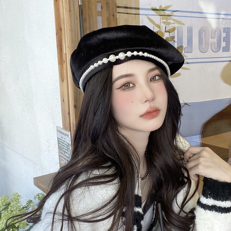 Mũ nồi beret đính hạt ngọc trai nhân tạo phong cách Hàn Quốc thanh lịch thời trang mùa thu dễ phối đồ dành cho nữ
