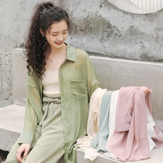 Áo Sơ Mi Khoác Ngoài Nữ Chất Vải Chiffon Màu Trơn Chống Nắng Siêu Nhẹ Nhàng Phong Cách Hàn Quốc