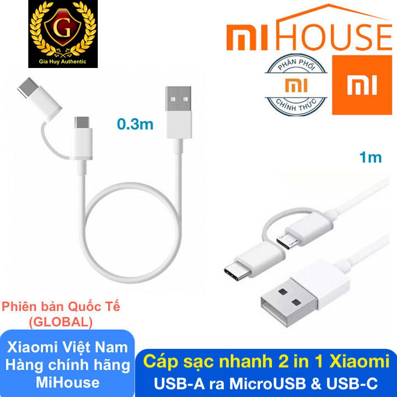 Cáp sạc nhanh đa năng 2 in 1 XIAOMI USB-A to MicroUSB / USB-C dài 1m