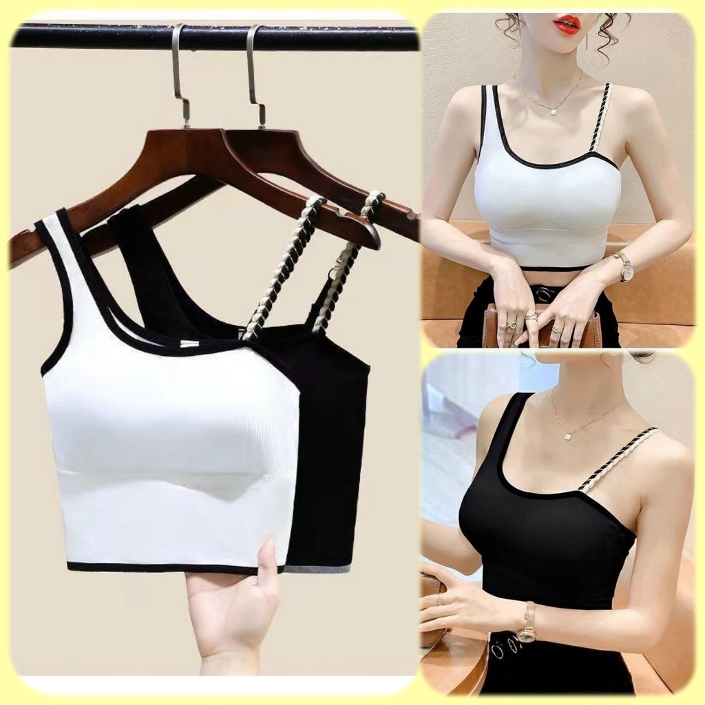 Áo Bra nữ có đệm mút mỏng - áo croptop cotton tăm vai lệch quai chéo dây tết xích phong cách cá tính hiện đại