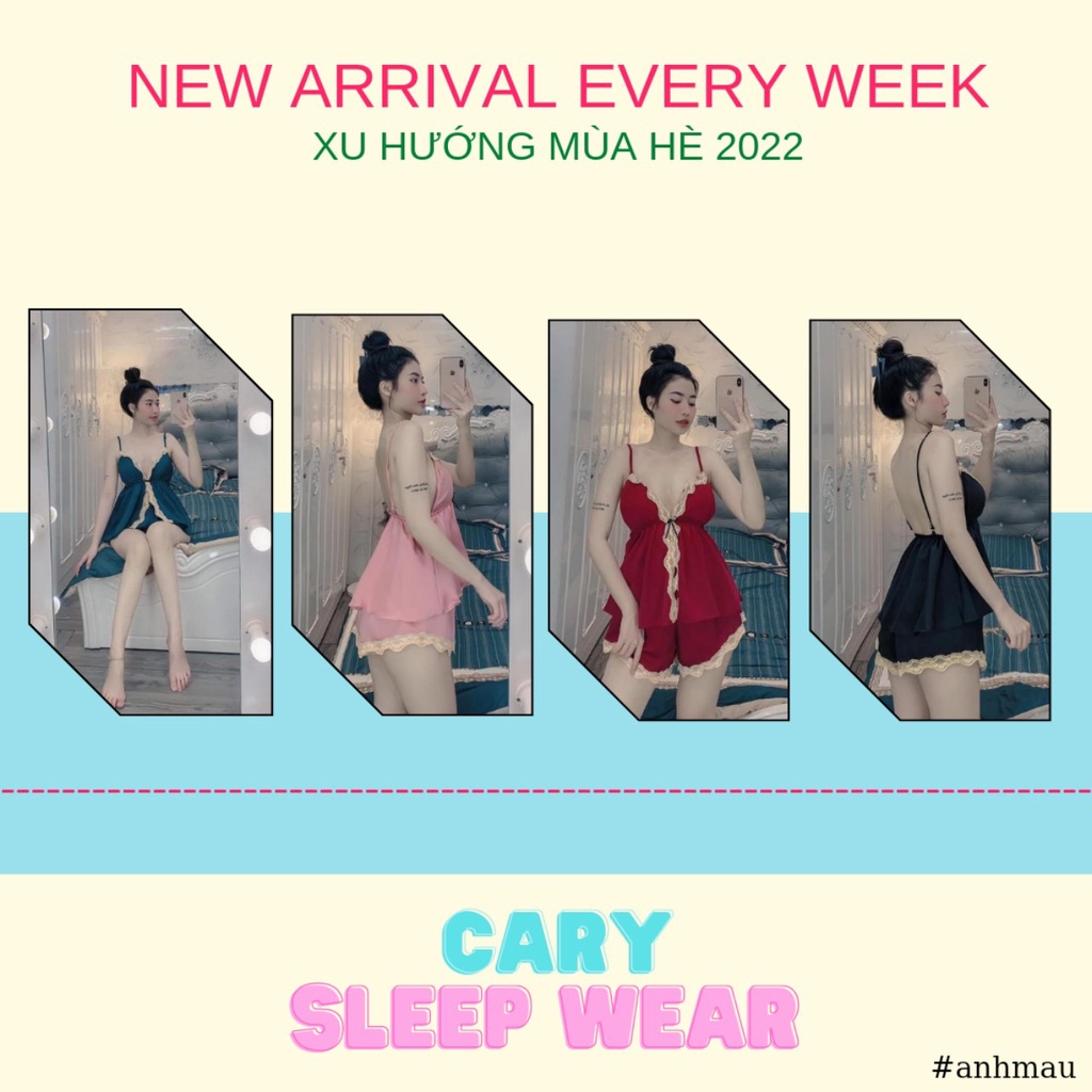 Đồ ngủ sexy nữ, đồ ngủ 2 dây có mút ngực đan dây lưng CARY