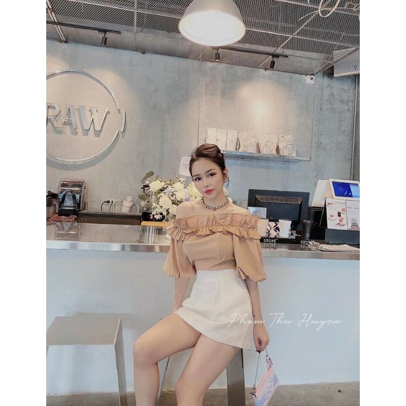 Áo bẹt vai bèo tay phồng vải kate xinh ngất ngây