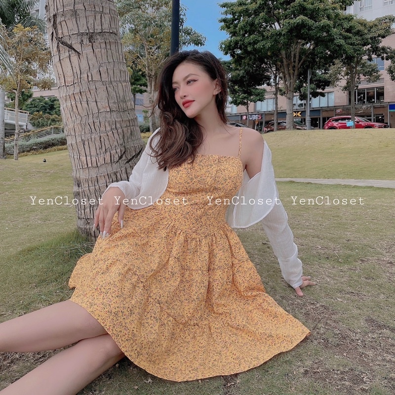 hình chính chủ YenCloset - đầm dây hoa vàng kèm áo khoác tươi tắn , xinh xắn