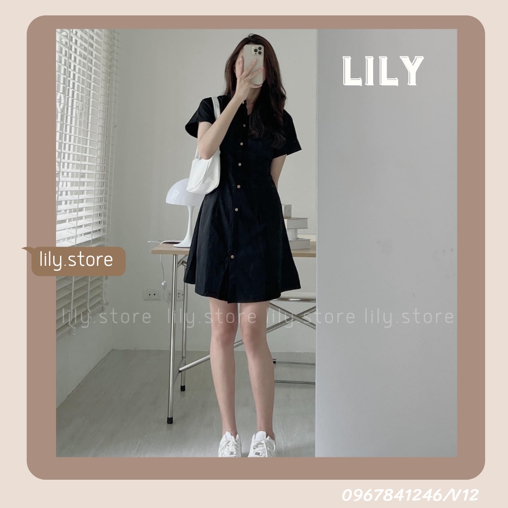 Váy sơ mi dáng suông có chiết eo, Đầm sơ mi chiết eo tiểu thư chất liệu kaki tôn dáng trắng be đen V12 LILY