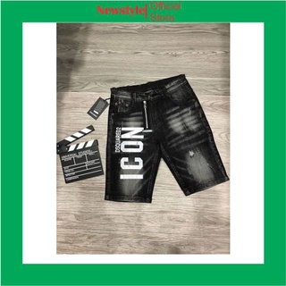 Quần short jean nam DSQ đen rách in I.CON chất bò co dãn form ôm vải dày đep cao cấp
