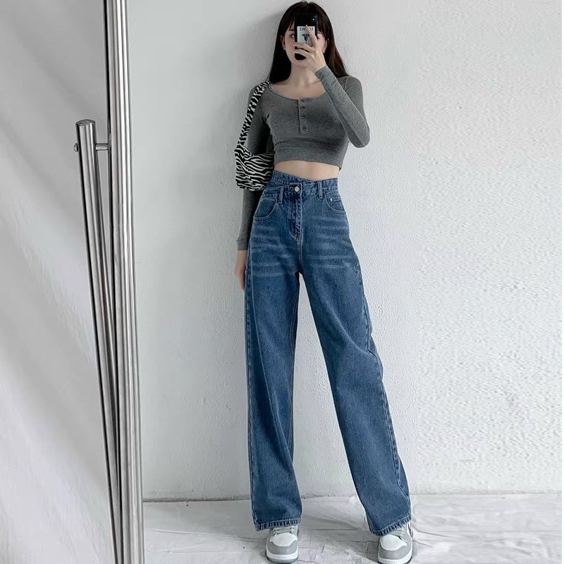 QUẦN JEAN NỮ ỐNG RỘNG QUẦN JEAN LƯNG CAO ỐNG SUÔNG CẠP CHÉO 3 MÀU BASIC TÔN DÁNG