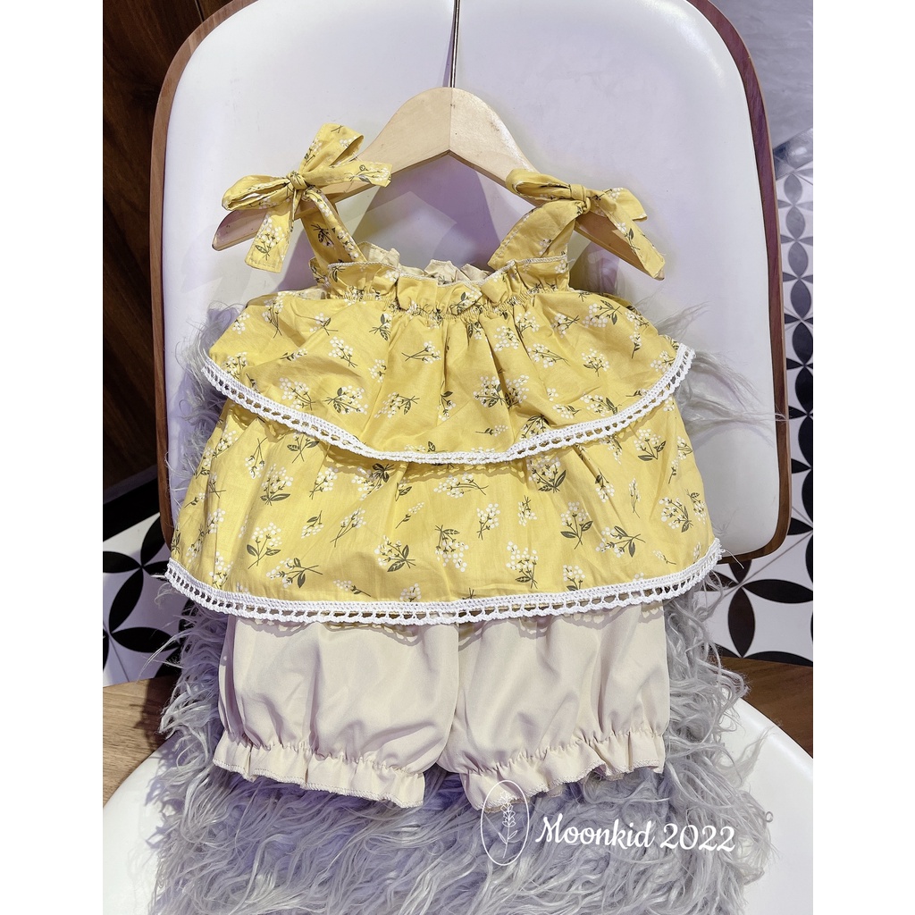 Bộ thô đũi 2 dây nơ vai bé gái dáng bồng 2 tầng 8-20kg