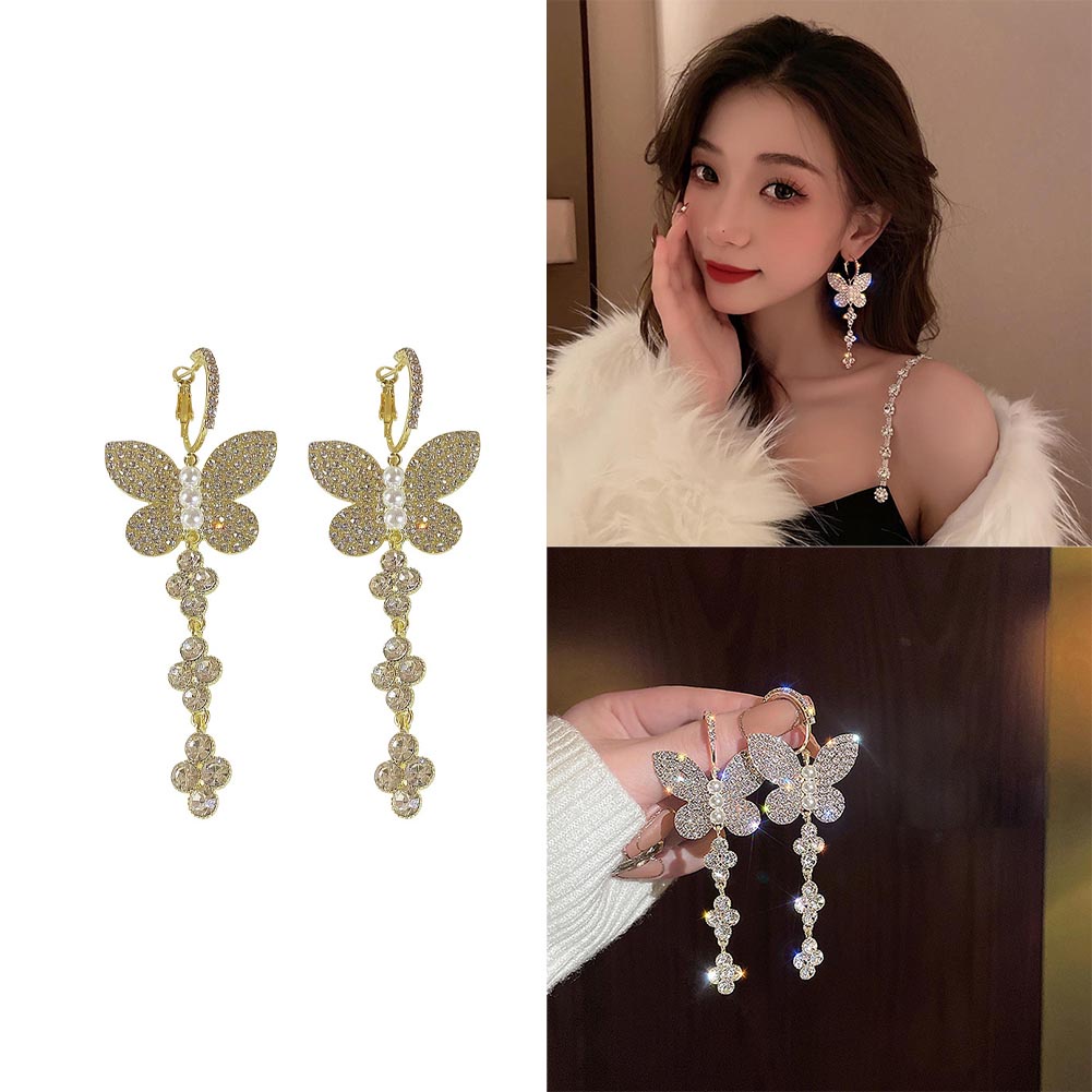 Đôi Khuyên Tai Dáng Dài Đính Đá Tạo Hình Bươm Bướm Xinh Xắn Cho Nữ