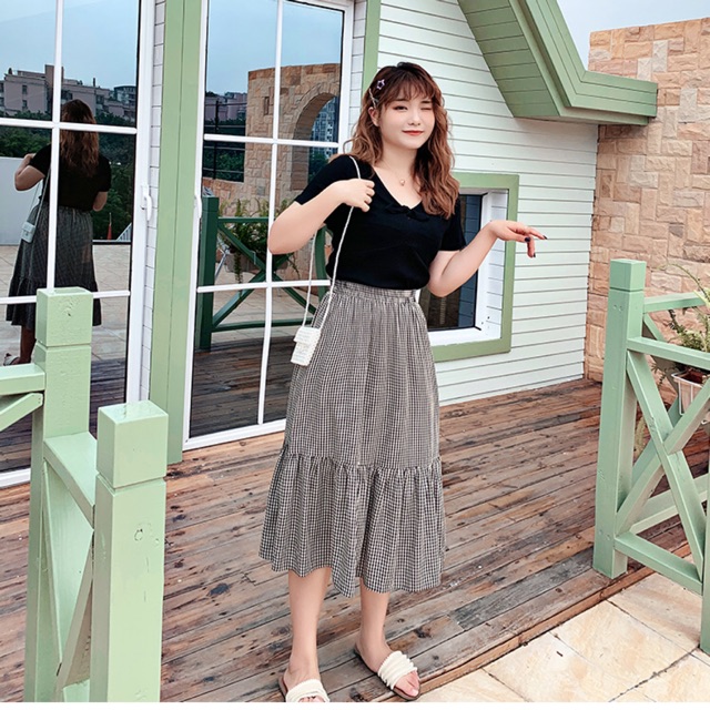 Chân váy caro dáng dài đen trắng size ngoại cỡ 65-100kg