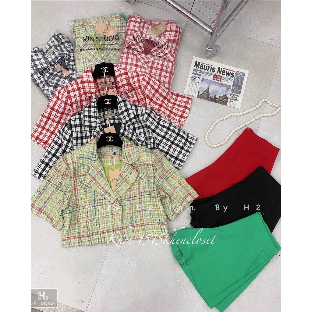 Set dạ kẻ tay ngắn quần short đùi