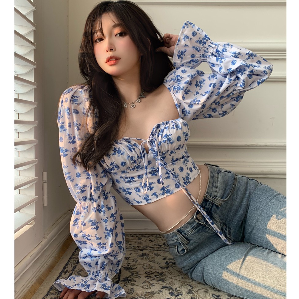 Áo sơ mi nữ kiểu hoa nhí tay dài Emilyshop