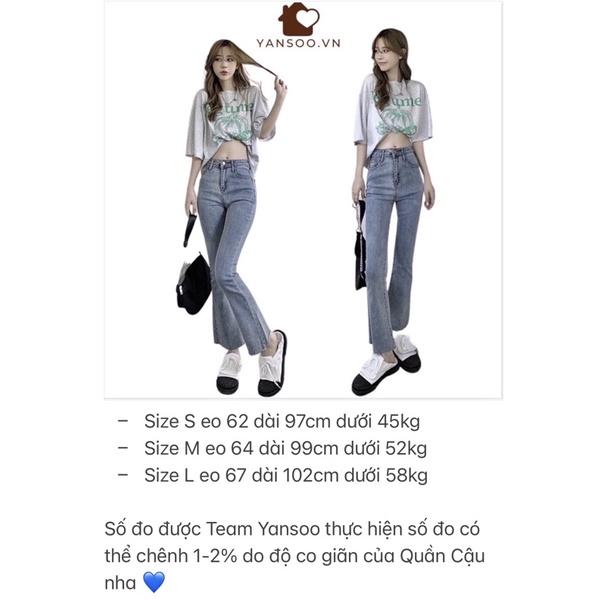 Quần jean ống loe xanh nhạt demin cắt gấu cạp cao , quần bò loe chất co giãn dày dặn thoải mái by YANSOO