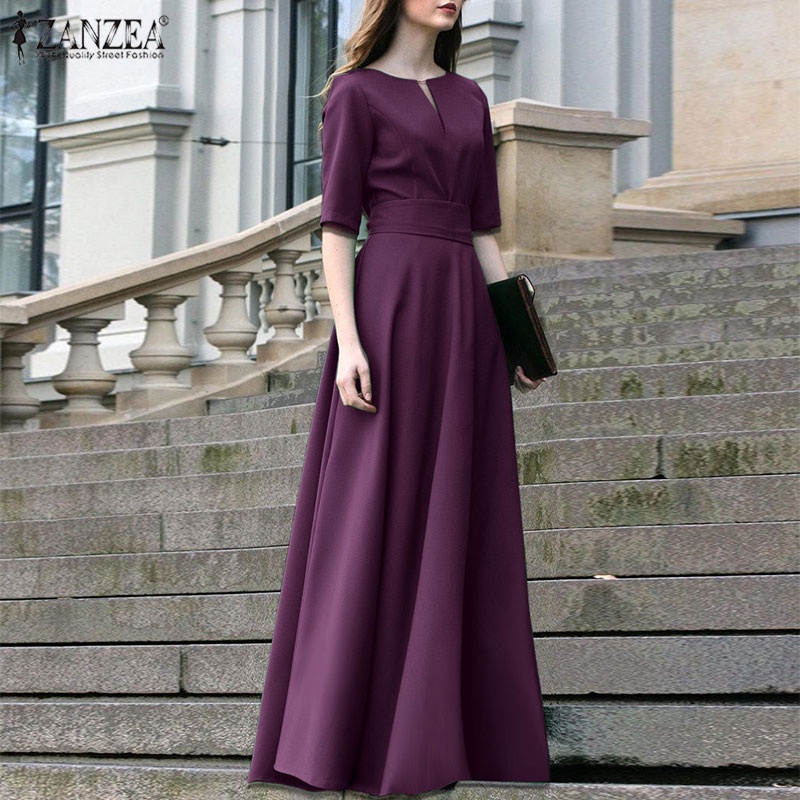 Đầm maxi Zanzea tay lửng thắt lưng phong cách vintage dành cho nữ
