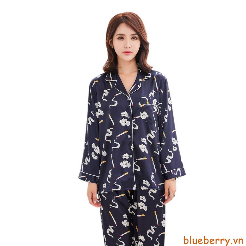 Bộ đồ ngủ vải lụa dáng rộng tay dài phong cách Hàn Quốc cho nam nữ