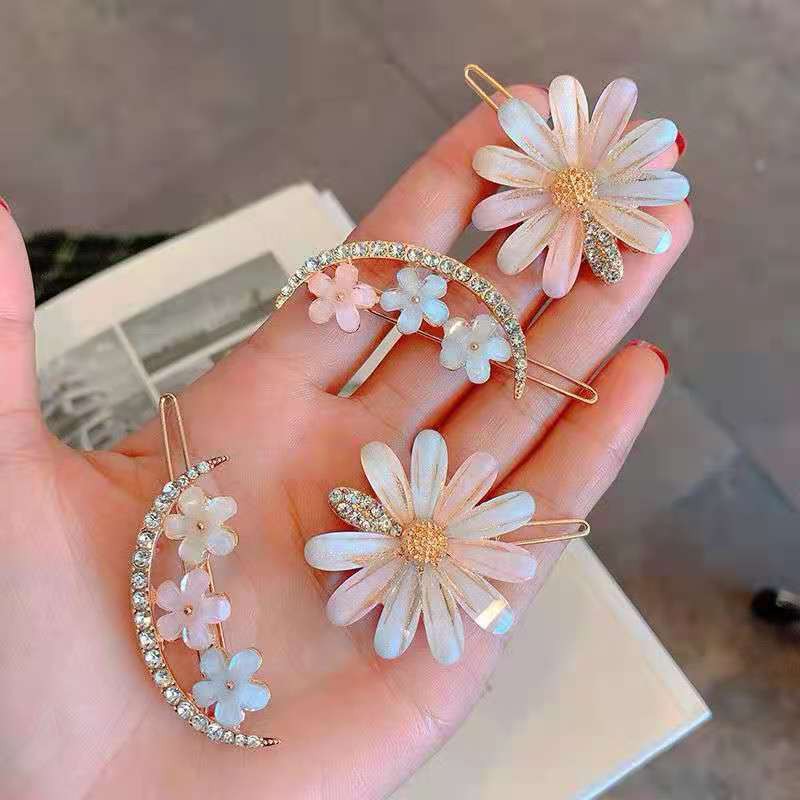 Kẹp Tóc Hình Hoa / Trái Tim / Lưỡi Liềm Đính Đá Lấp Lánh Phong Cách Hàn