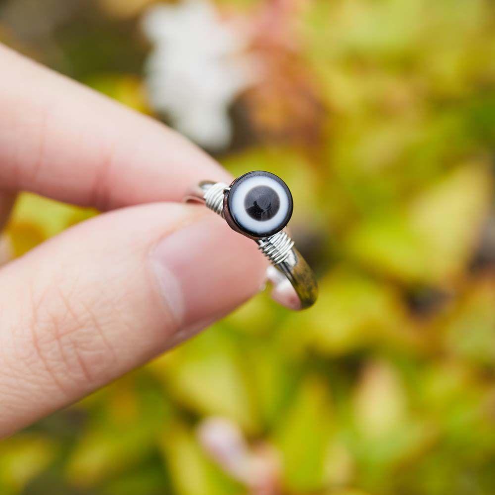 Nhẫn Tròn Mặt Kính Xanh Dương Đính Hạt Hình Mắt Quỷ May Mắn Bằng Kim Loại Phong Cách Hip Hop Unisex Back