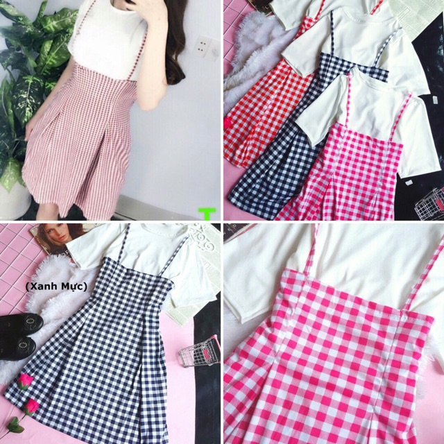 Set đầm yếm caro kèm áo thun HÌNH CHỤP THẬT