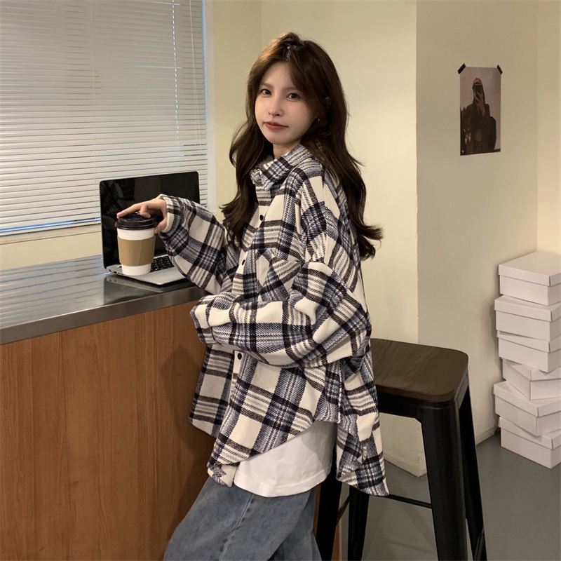 Áo sơ mi ZHELIHANGFEI tay dài form rộng họa tiết sọc theo phong cách đi học dễ phối đồ