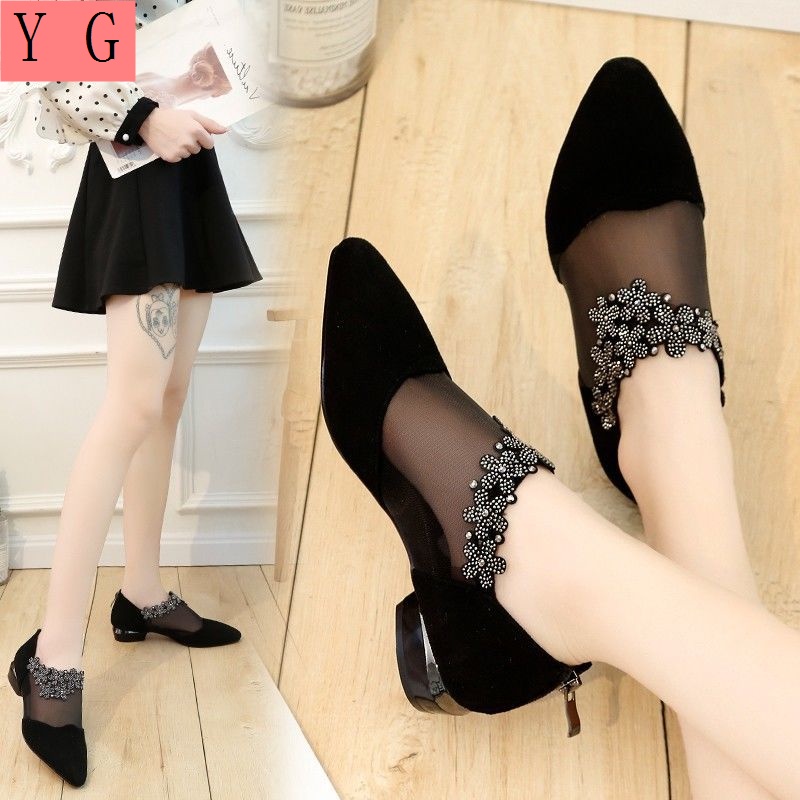 Giày Da Lộn Mũi Nhọn Gót Dày Thấp Đính Đá Phong Cách Anh Quốc Thời Trang Cho Nữ 2022 4243