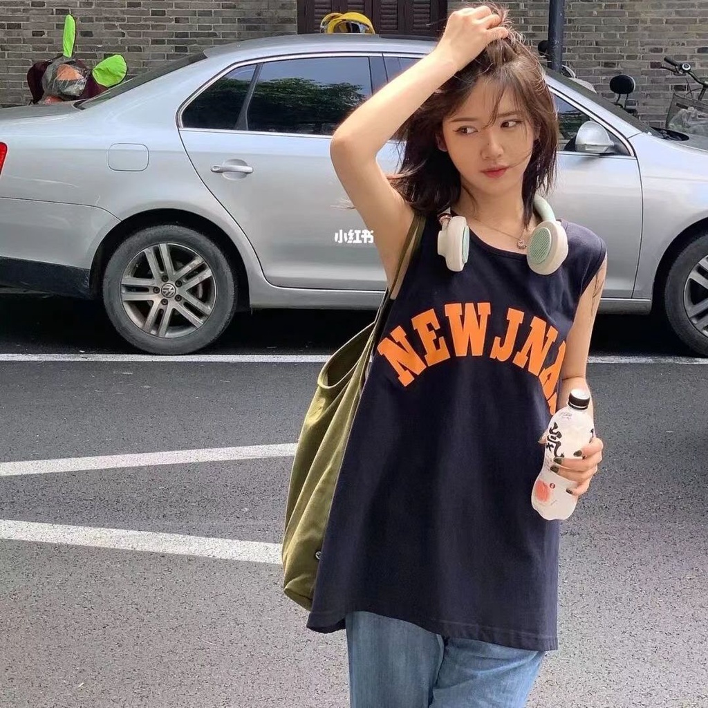 Áo Tank Top Sát Nách Dáng Rộng In Chữ Đơn Giản Phong Cách Hàn Quốc